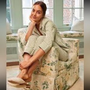 LAKE Pajamas Pocket Pants Poplin Cotton Set Light Blue/Green & White Stripes XS